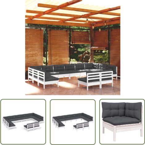 The Living Store 12-tlg. Garten-Lounge-Set mit Kissen Weiß Kiefer Massivholz - Garten Lounge Set - Esszimmergarnitur - Outdoor Möbel - Gartenmöbel - Rattan Gartenmöbel