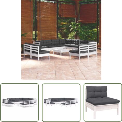 The Living Store 12-tlg. Garten-Lounge-Set mit Kissen Weiß Massivholz Kiefer - Gartensessel - Lounge Set - Gartenmöbeln - Kiefernholzmöbel - Outdoor Möbel