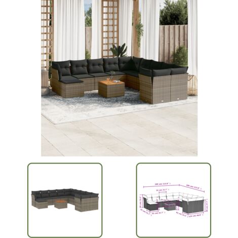 The Living Store 12-tlg. Garten-Sofagarnitur mit Kissen Grau Poly Rattan - Gartenmöbel - Outdoor Möbel - Rattan Gartenmöbel - Lounge Set - Esstisch