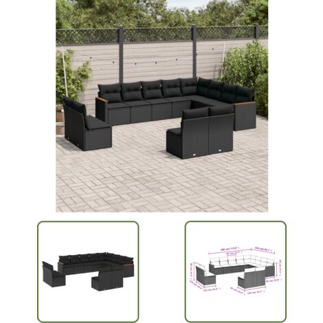 The Living Store 12-tlg. Garten-Sofagarnitur mit Kissen Schwarz Poly Rattan - Gartenmöbel - Esszimmergarnituren - Outdoor Möbel - Lounge Set - Rattan Sofa