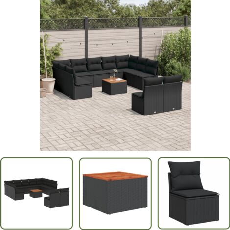 The Living Store 12-tlg. Garten-Sofagarnitur mit Kissen Schwarz Poly Rattan - Gartenmöbel Set - Outdoor Möbel - Rattan Sofa - Lounge Set - Esstisch