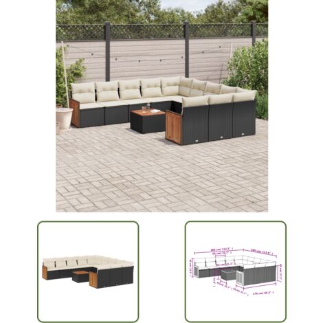 The Living Store 12-tlg. Garten-Sofagarnitur mit Kissen Schwarz Poly Rattan - Gartenmöbel Set - PE-Rattan Möbel - Outdoor Lounge - Esstisch - Sofasatz