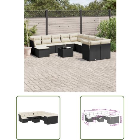 The Living Store 12-tlg. Garten-Sofagarnitur mit Kissen Schwarz Poly Rattan - Gartenmöbel Set - PE-Rattan Möbel - Outdoor Sofa - Esstisch - Lounge Set