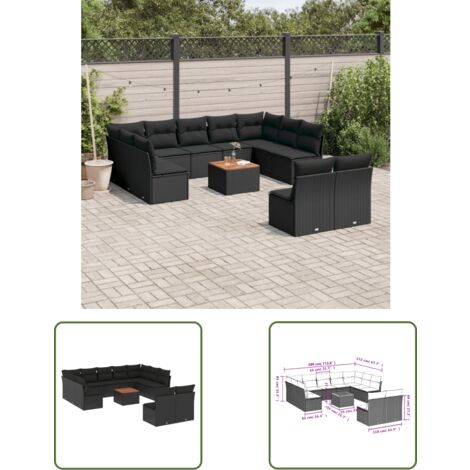 The Living Store 12-tlg. Garten-Sofagarnitur mit Kissen Schwarz Poly Rattan - Gartensortiment - Gartenmöbelset - Lounge Set - Rattan Möbel - Polyethylen Furniture