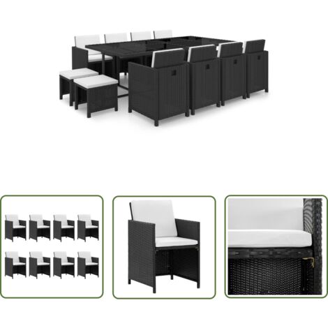 The Living Store 13-tlg. Garten-Essgruppe mit Auflagen Poly Rattan Schwarz - Gartenmöbelset - Essgruppen - Rattan Möbel - Outdoor Küche - Balkonmöbeln