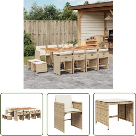 The Living Store 13-tlg. Garten-Essgruppe mit Kissen Beige Poly Rattan - Gartenmöbel Set - Gartentisch - Gartenstühle - Gartenhocker - Rattan Möbel