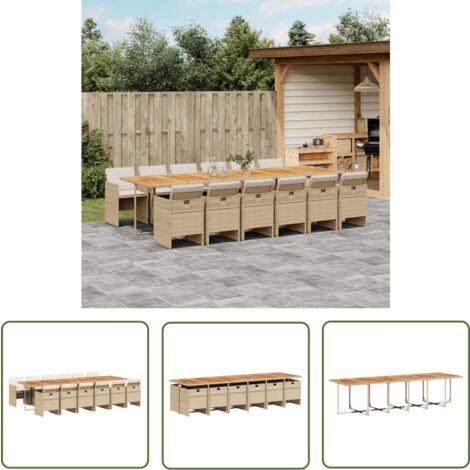 The Living Store 13-tlg. Garten-Essgruppe mit Kissen Beige Poly Rattan - Gartentisch - Gartenmöbel Set - Outdoor Möbel - Esstisch - Gartenstühle