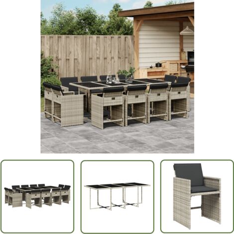 The Living Store 13-tlg. Garten-Essgruppe mit Kissen Hellgrau Poly Rattan - Gartengestell - Gartenmöbelset - Outdoor Möbel - Esstisch - Gartenstühle