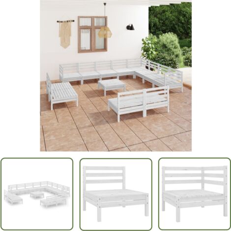 The Living Store 13-tlg. Garten-Lounge-Set Massivholz Kiefer Weiß - Outdoor Lounge Set - Gartenmöbel - Holzmöbel - Kiefernholz - Garten Sofa