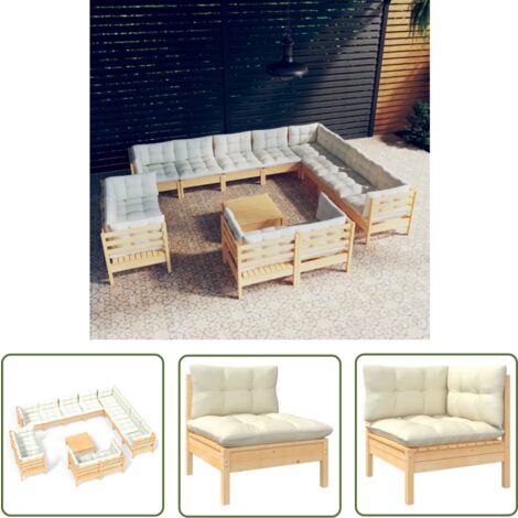 The Living Store 13-tlg. Garten-Lounge-Set mit Creme Kissen Massivholz Kiefer - Gartensessel - Lounge Set - Gartenmöbeln - Kiefernholz Möbel - Outdoor Furniture