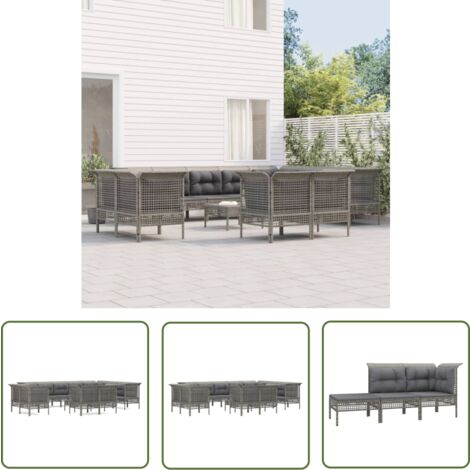 The Living Store 13-tlg. Garten-Lounge-Set mit Kissen Grau Poly Rattan - Gartenmöbel - Loungesessel - Outdoor Möbel - Rattan Gartenmöbel - Wetterfeste Gartenmöbel