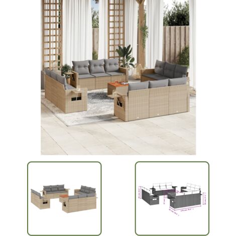 The Living Store 13-tlg. Garten-Sofagarnitur mit Kissen Beige Poly Rattan - Gartenmöbel Set - PE-Rattan Möbel - Outdoor Lounge - Gartenlounge - Esszimmergarnitur
