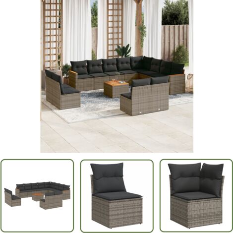The Living Store 13-tlg. Garten-Sofagarnitur mit Kissen Grau Poly Rattan - Gartenmöbel - Outdoor-Set - Rattan Gartenset - PE-Rattan - Esstisch Set