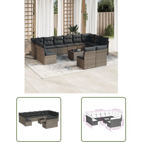 The Living Store 13-tlg. Garten-Sofagarnitur mit Kissen Grau Poly Rattan - Gartenmöbel - Rattan Möbel - Gartenset - Esstisch Set - Lounge Sofa