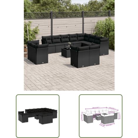 The Living Store 13-tlg. Garten-Sofagarnitur mit Kissen Schwarz Poly Rattan - Gartenmöbel - PE-Rattan Möbel - Outdoor Sofa Set - Esstischset - Lounge Set