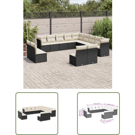 The Living Store 13-tlg. Garten-Sofagarnitur mit Kissen Schwarz Poly Rattan - Gartensortiment - Outdoor Möbel - Gartenlounge - Lounge Set - Rattan Sofa