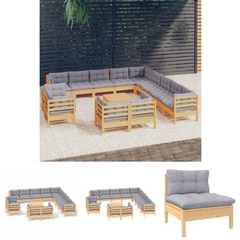 The Living Store - 14-tlg. Garten-Lounge-Set mit Grauen Kissen Massivholz Kiefer