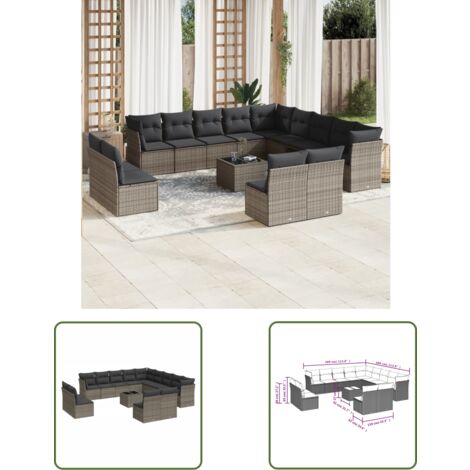 The Living Store 14-tlg. Garten-Sofagarnitur mit Kissen Grau Poly Rattan - Gartenmöbel - Rattan Möbel - Gartenset - Esstisch Set - Lounge Sofa