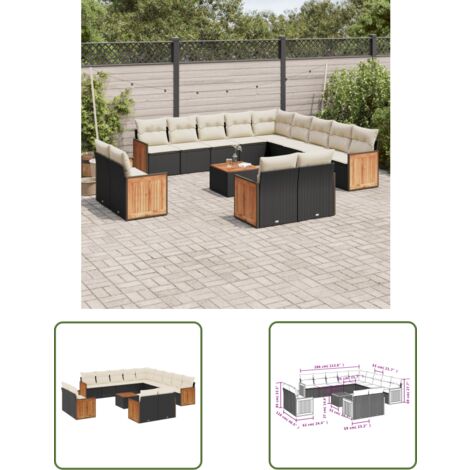The Living Store 14-tlg. Garten-Sofagarnitur mit Kissen Schwarz Poly Rattan - Gartenmöbel - Esszimmergarnituren - Outdoor Möbel - Lounge Set - Rattan Gartenmöbel