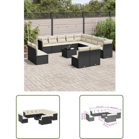 The Living Store 14-tlg. Garten-Sofagarnitur mit Kissen Schwarz Poly Rattan - Gartenmöbel Set - PE-Rattan Möbel - Outdoor Sofa - Esstisch - Lounge Gruppe