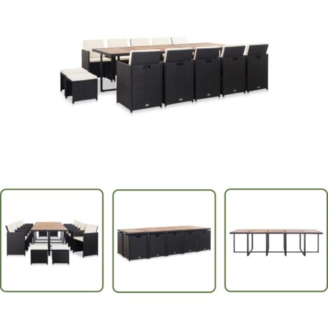 The Living Store 15-tlg. Garten-Essgruppe mit Auflagen Poly Rattan Schwarz - Gartengarnitur - Outdoor-Möbel - Rattan-Set - Esstisch - Gartenstuhl