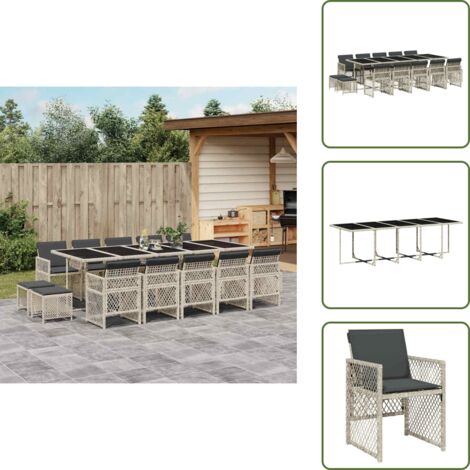 The Living Store 15-tlg. Garten-Essgruppe mit Kissen Hellgrau Poly Rattan - Gartengruppe - Esstisch - Gartenstühle - Gartenhocker - PE-Rattan
