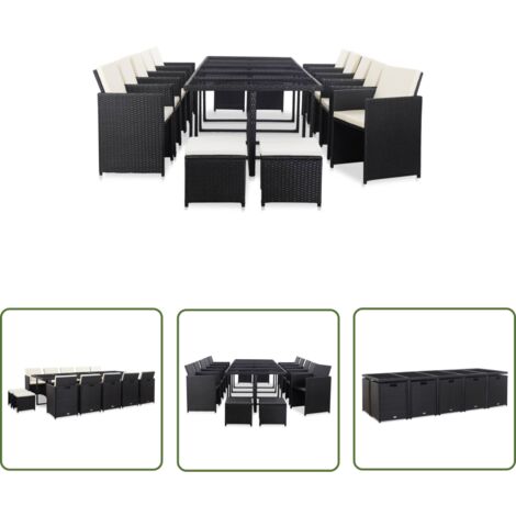 The Living Store 15-tlg. Garten-Essgruppe mit Kissen Poly Rattan Schwarz - Gartengarnitur - Outdoor-Möbel - Rattan Gartenset - Esstisch - Gartenstuhl