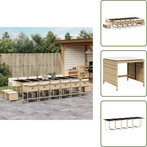 The Living Store 17-tlg. Garten-Essgruppe mit Kissen Beige Poly Rattan - Gartenmöbel Set - Gartentisch - Gartenstühle - Gartenhocker - Rattan Möbel