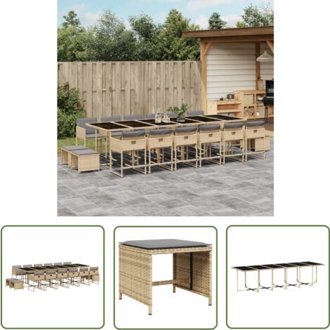 The Living Store 17-tlg. Garten-Essgruppe mit Kissen Beigemischung Poly Rattan - Gartenmöbel Set - Essgruppenset - Gartentisch - Gartenstühle - Gartenhocker