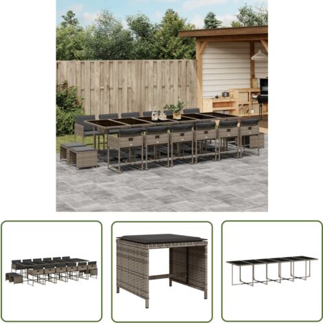 The Living Store 17-tlg. Garten-Essgruppe mit Kissen Grau Poly Rattan - Gartenmöbel Set - Gartentisch - Gartenstühle - Gartenhocker - Rattan Möbel