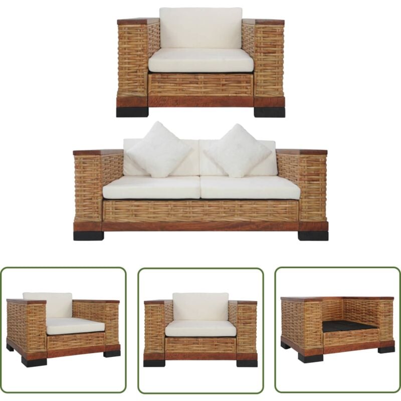 Ensemble de canapés 2 pcs avec coussins marron rotin naturel - Canape Rotin - Ensemble Canapé - Canapé Design - Meubles Salon - Mobilier Intérieur