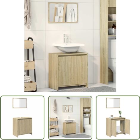 The Living Store 2-tlg. Badmöbel-Set Sonoma-Eiche Holzwerkstoff - Badmöbel-Set - Holzwerkstoff - Badezimmermöbel - Spiegelschrank - Waschtischunterschrank