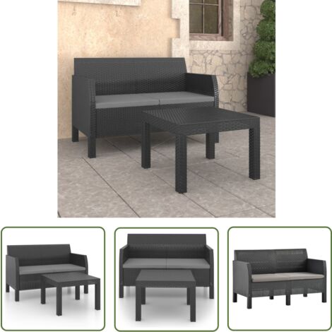 The Living Store 2-tlg. Garten-Lounge-Set mit Kissen PP Rattan Anthrazit - Gartensofa - Lounge Set - Gartenmöbel - Outdoor Möbel - Rattan Optik