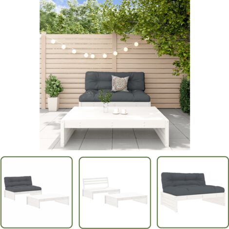 The Living Store 2-tlg. Garten-Lounge-Set mit Kissen Weiß Massivholz - Gartensofa - Loungesessel - Gartenmöbeln - Rattan Möbel - Holz Gartenmöbel