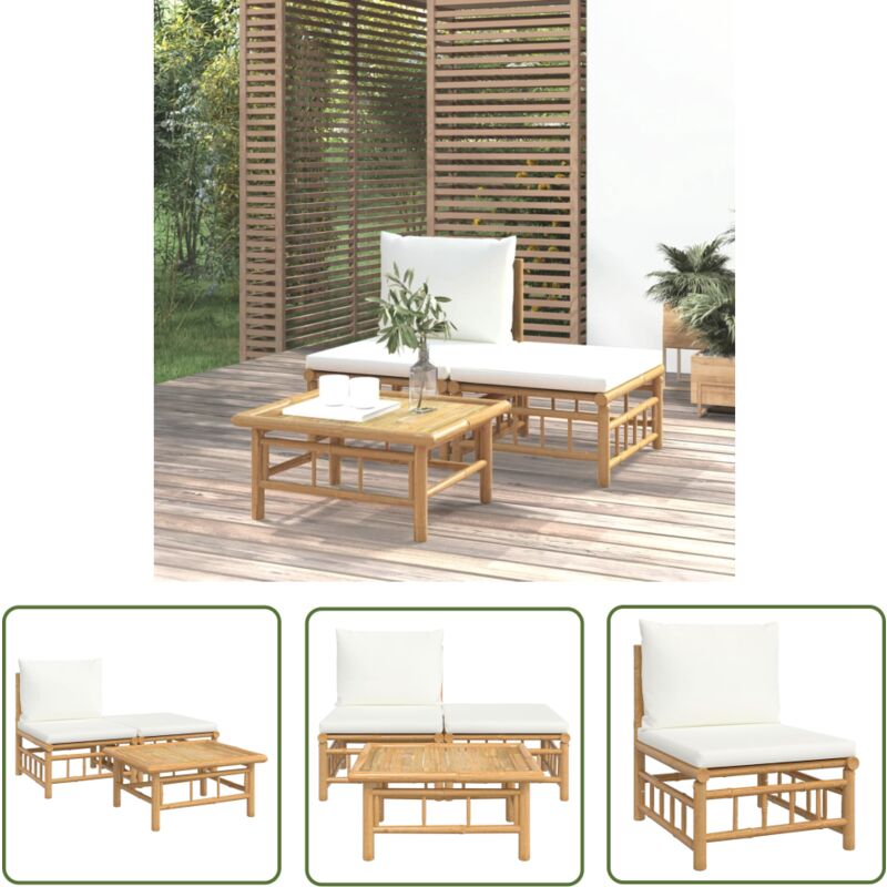 Salon de jardin 3 pcs avec coussins blanc crème bambou - Salon De Jardin - Mobilier De Jardin - Ensemble De Salon - Meubles De Jardin - Bambou - The