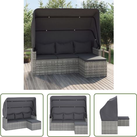 The Living Store 3-Sitzer-Gartensofa mit Dach und Fußhocker Grau Poly Rattan - Outdoor Möbel - Gartenmöbel - Gartensofa - Esszimmergarnitur - Lounge Set