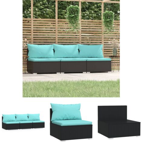 The Living Store 3-Sitzer-Sofa mit Auflagen Schwarz Poly Rattan - Gartenmöbel-Sets