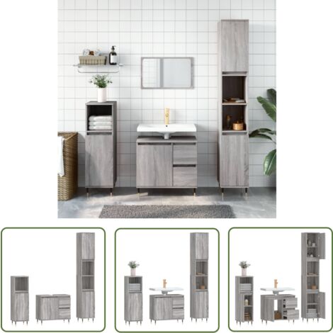 The Living Store 3-tlg. Badmöbel-Set Grau Sonoma Holzwerkstoff - Badezimmermöbel - Badmöbel-Set - Holzwerkstoff - Graue Möbel - Modernes Bad