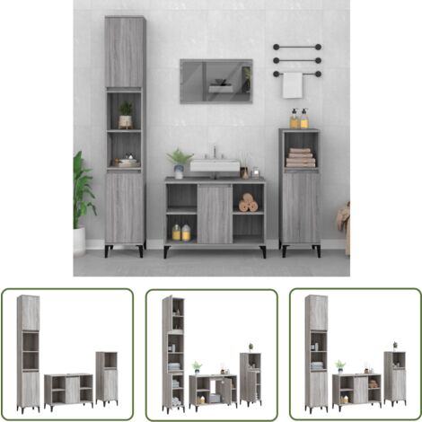 The Living Store 3-tlg. Badmöbel-Set Grau Sonoma Holzwerkstoff - Badmöbel-Set - Badezimmermöbel - Waschtischschrank - Graue Möbel - Holzwerkstoff