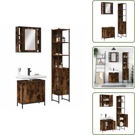 The Living Store 3-tlg. Badmöbel-Set Räuchereiche Holzwerkstoff - Badezimmermöbel - Badmöbel-Set - Spiegelkommode - Unterschrank - Handtuchheizkörper