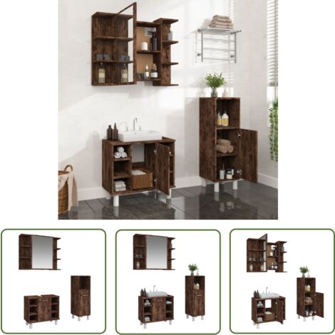 The Living Store 3-tlg. Badmöbel-Set Räuchereiche Holzwerkstoff - Badmöbel Set - Badezimmer Möbel - Waschtisch Schrank - Spiegelschrank - Standregal
