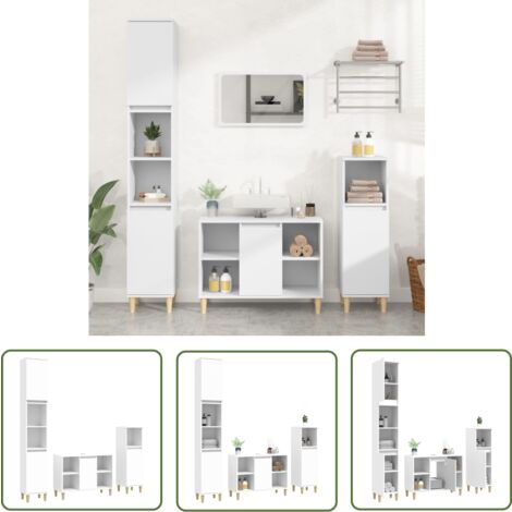 The Living Store 3-tlg. Badmöbel-Set Weiß Holzwerkstoff - Badmöbel-Set - Waschtischschrank - Badezimmermöbel - Holzregal - Eukalyptus