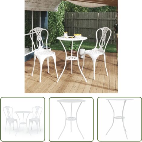The Living Store 3-tlg. Bistro-Set Aluminiumguss Weiß - Romantisches Bistroset - Gartentisch - Gartenstühle - Aluminiumgartenmöbel - Weißer Esstisch