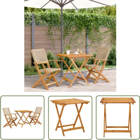 The Living Store 3-tlg. Bistro-Set Beige Poly Rattan und Massivholz - Gartentisch - Esszimmergarnitur - Outdoor Möbel - Balkonmöbel - Gartenstühle