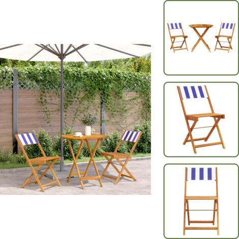 The Living Store 3-tlg. Bistro-Set Blau und Weiß Stoff und Massivholz - Gartenmöbel - Esszimmergarnitur - Holztisch - Klapptisch - Outdoor Möbel