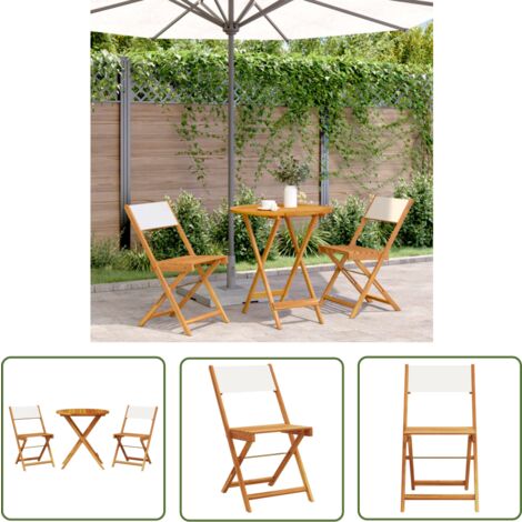 The Living Store 3-tlg. Bistro-Set Cremeweiß Stoff und Massivholz - Gartenmöbel - Esszimmergarnitur - Holztisch - Klapptisch - Outdoor Möbel