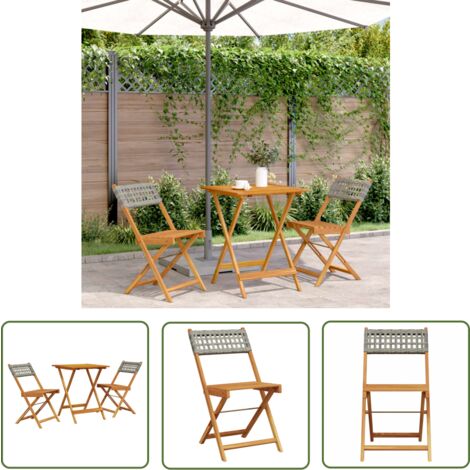 The Living Store 3-tlg. Bistro-Set Grau Poly Rattan und Massivholz - Gartenmöbel - Esszimmergarnitur - Bistroset - Outdoor Möbel - Holztisch