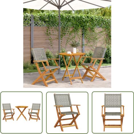 The Living Store 3-tlg. Bistro-Set Grau Poly Rattan und Massivholz - Gartentisch - Esszimmergarnitur - Outdoor Möbel - Holztisch - Rattan Sessel