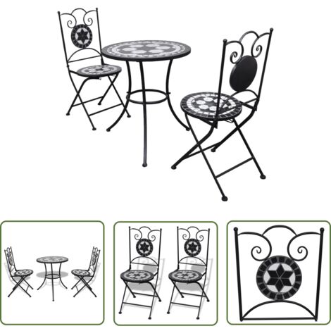 The Living Store 3-tlg. Bistro-Set Keramik Schwarz und Weiß - Outdoor Möbel - Gartenmöbel Set - Bistroset - Esstisch - Stühle