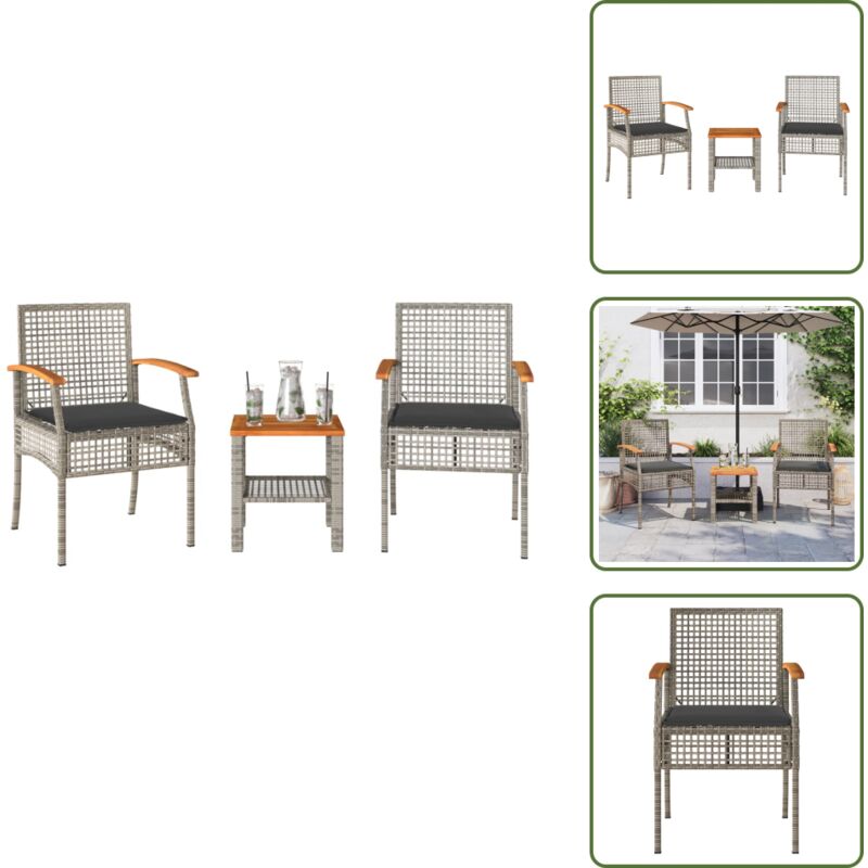 Vidaxl 3-tlg. Bistro-set Mit Kissen Grau Poly Rattan Akazienholz - Gartensitzgruppe - Outdoor Möbel - Bistro Set - Gartenmöbel - Esstisch - The Living